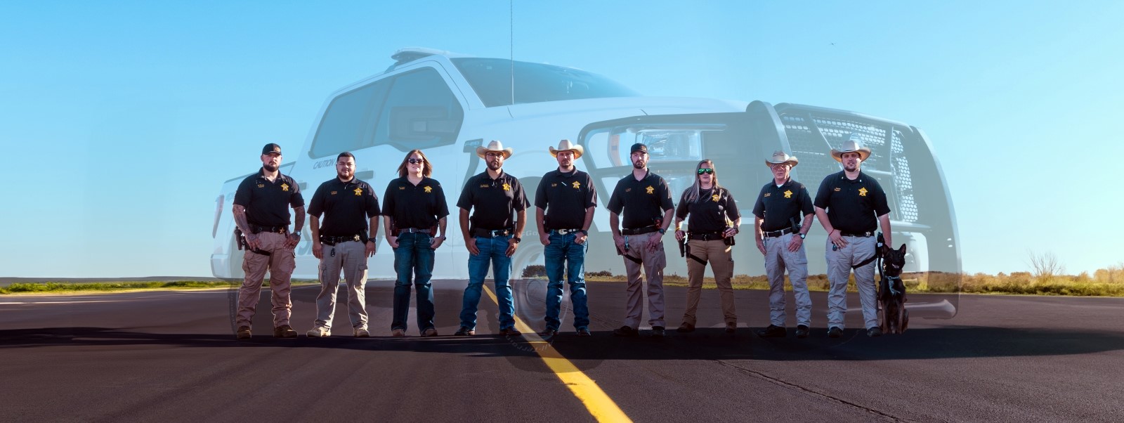 Terry County Sheriff Staff and K9 with a patrol truck superimposed behind them.